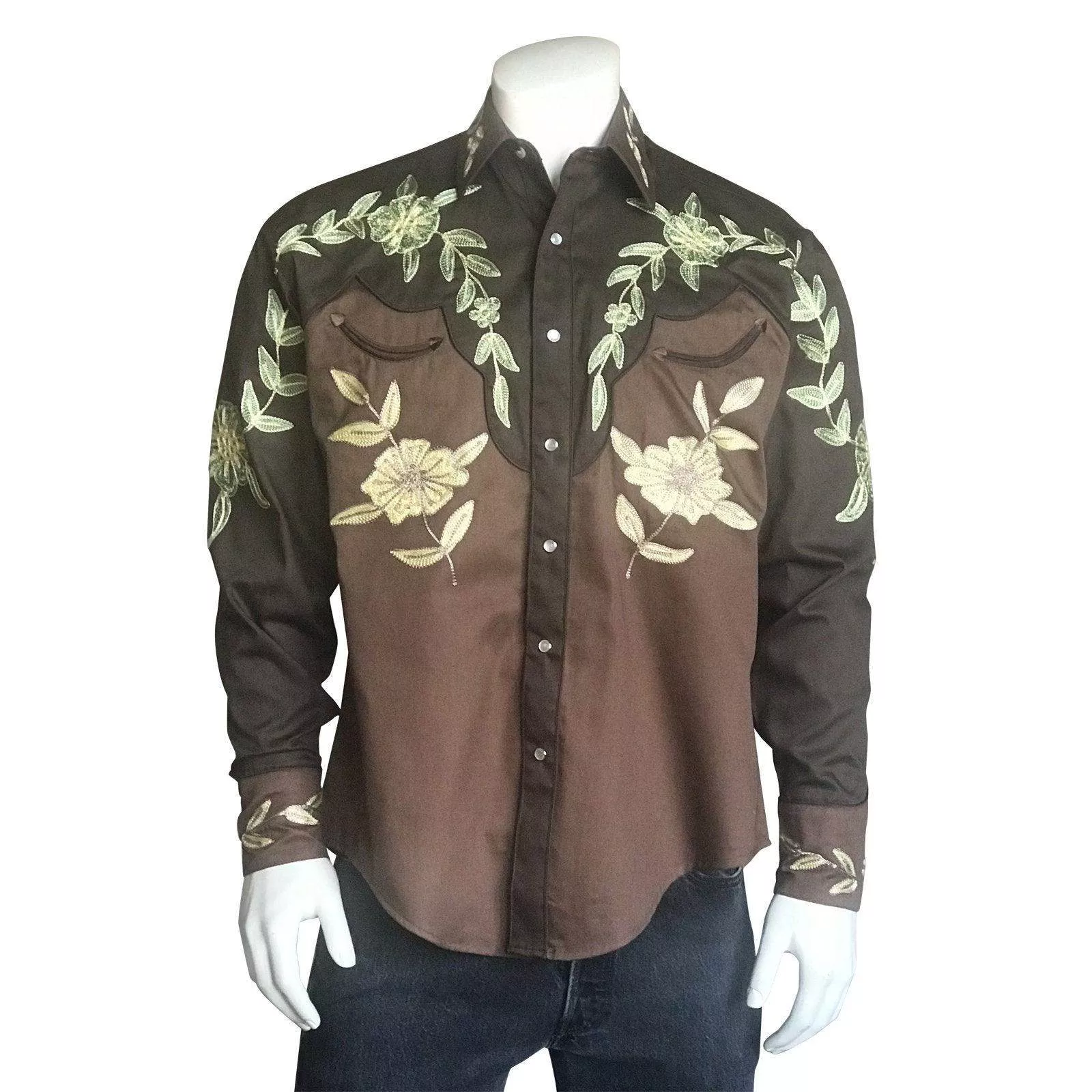 Men’s Floral 2-Tone Brown & Tan Embroidered Western Shirt