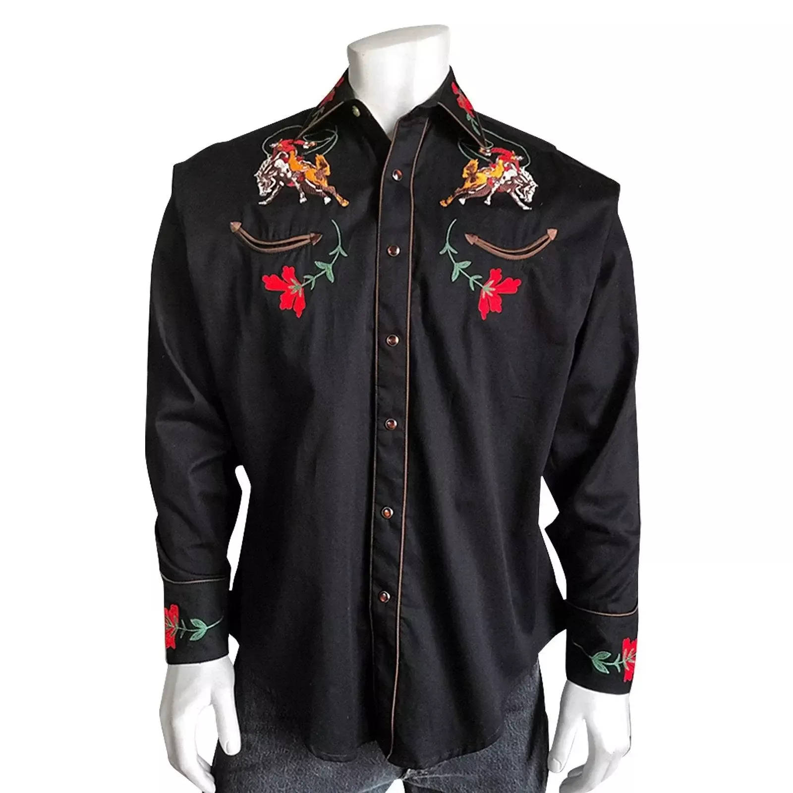 Men’s Vintage Bronc Embroidered Western Shirt in Black