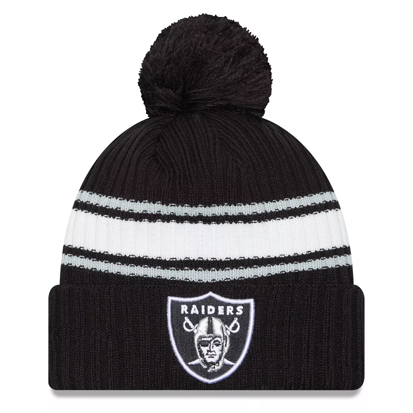 Oakland Raiders Beanie New Era Black Striped Fold Knit Pom Hat