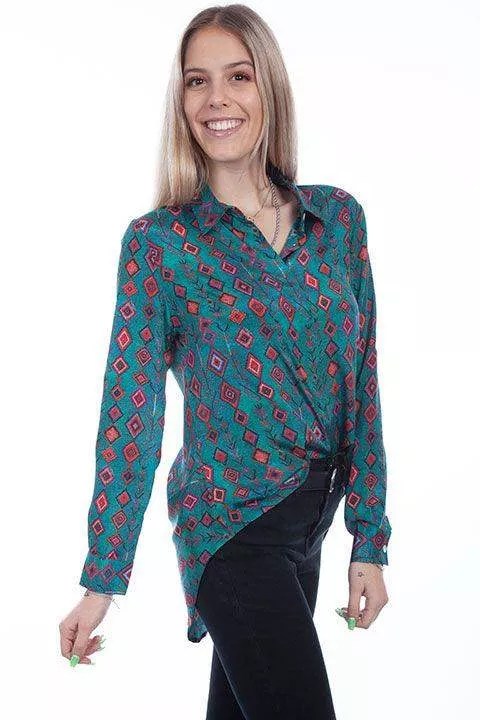 Scully TURQUOISE POLY CREPE BUTTON UP BLOUSE