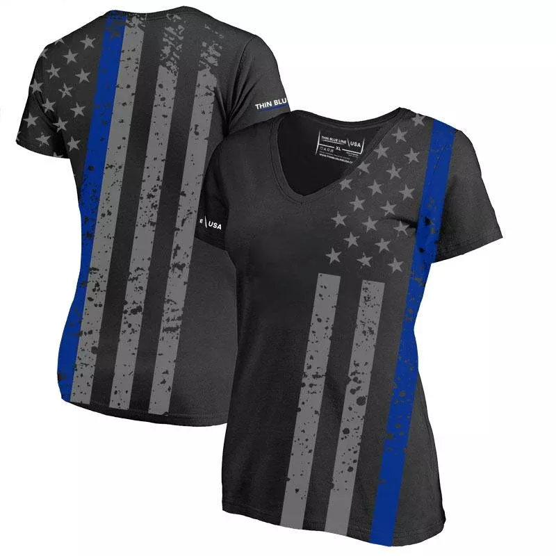 Slim Athletic Women’s V-Neck Shirt – Distressed Thin Blue Line Flag