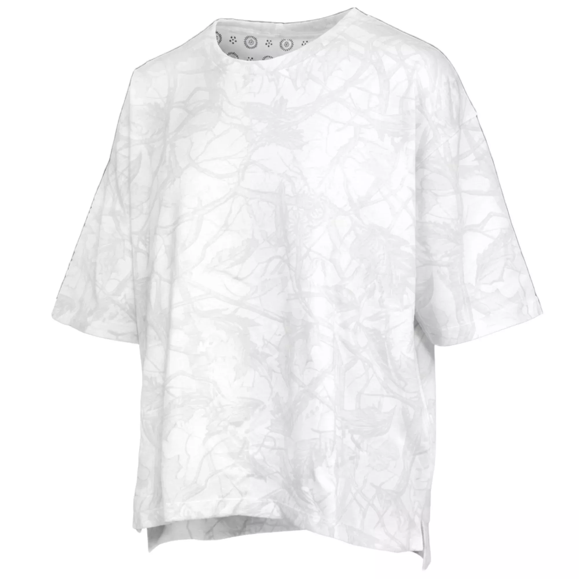 “Southlawn Logo Sheet” – Short-Sleeve Crew-Neck White Camo Waist-Length Top