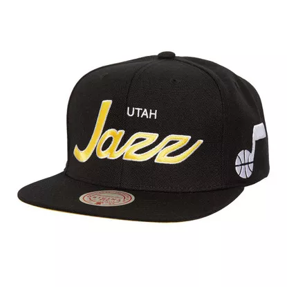 Utah Jazz Snap Back Hat Script With Side Patch Black Mitchell And Ness