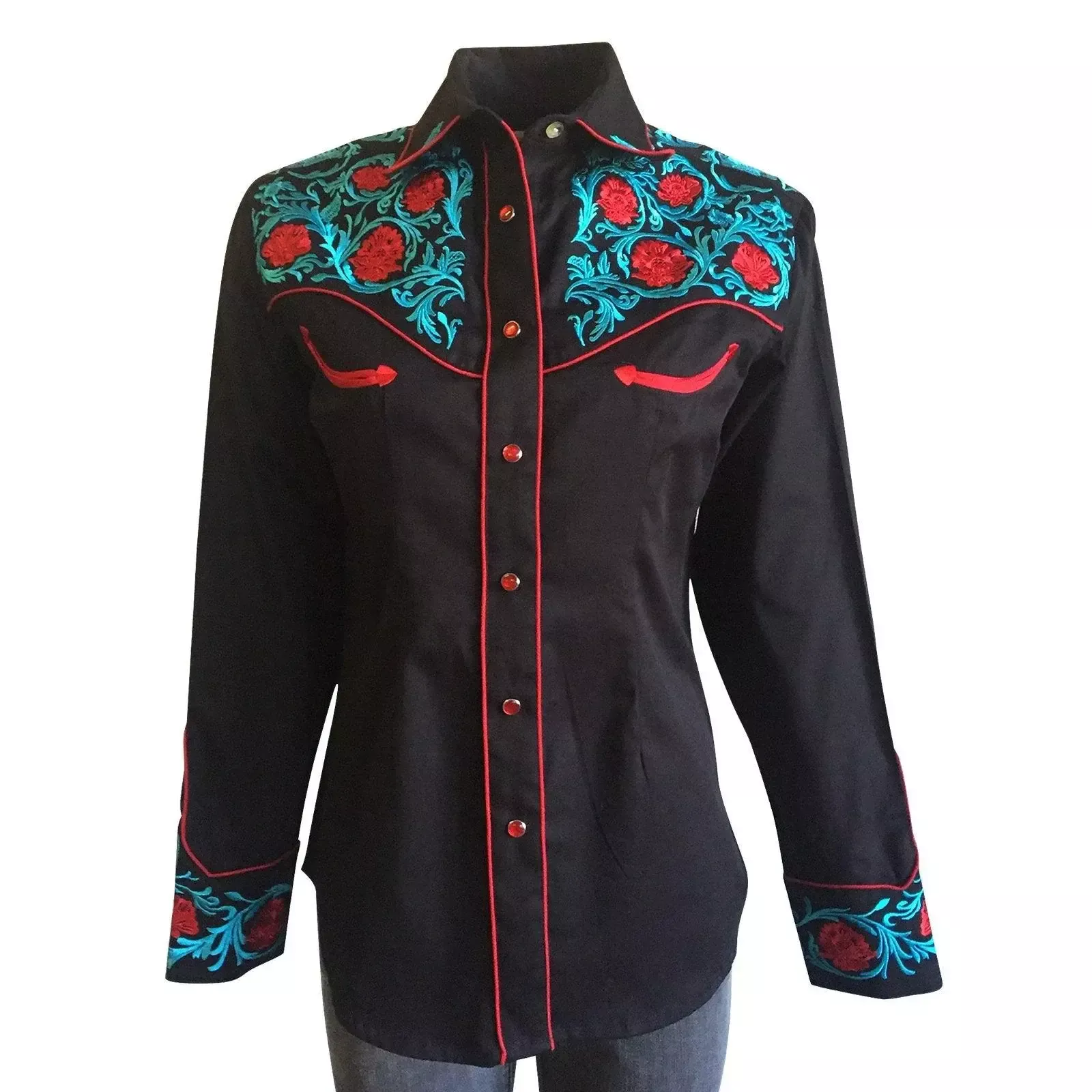 Women’s Vintage Floral Embroidery Black Western Shirt