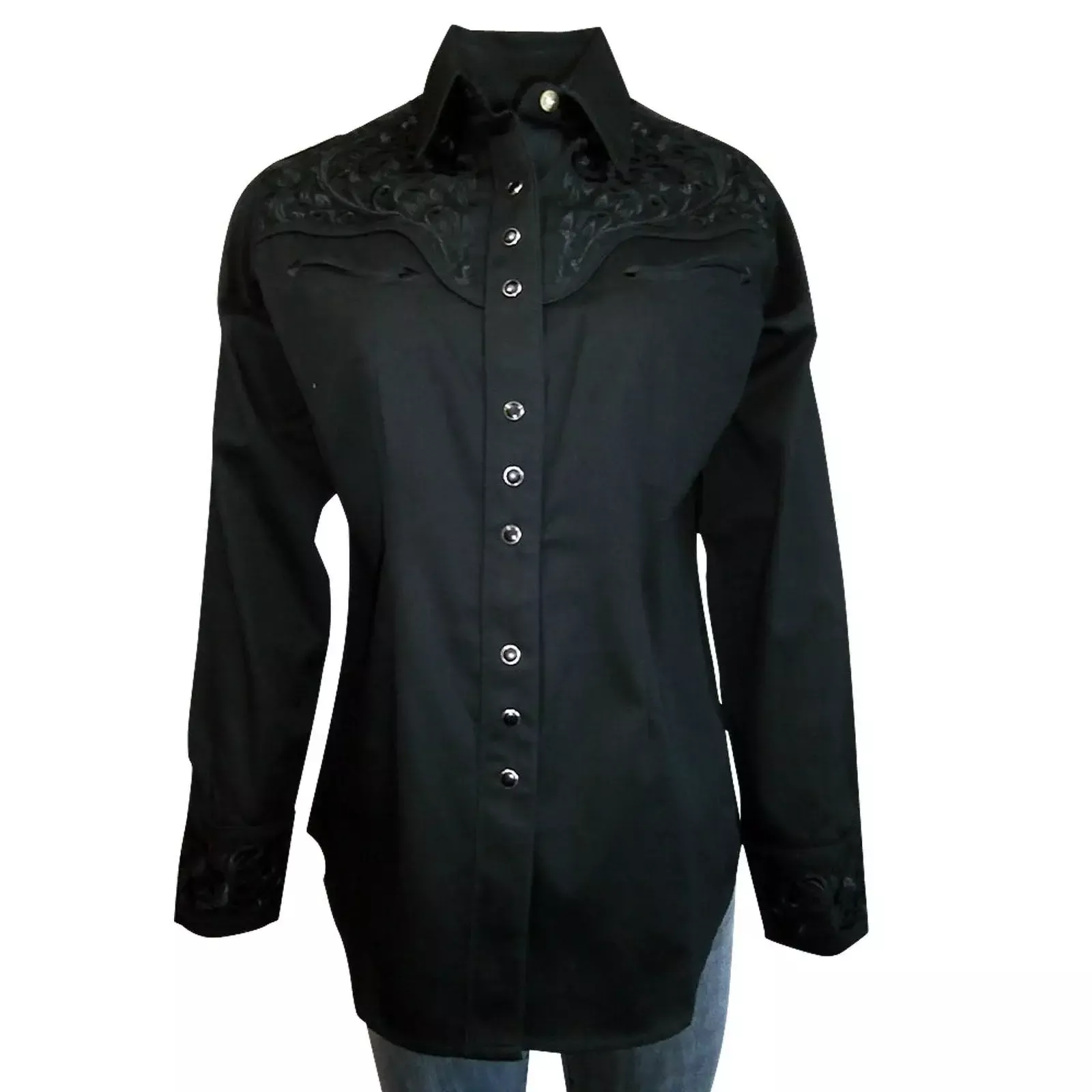 Women’s Vintage Tooling Embroidery Black-on-Black Western Shirt