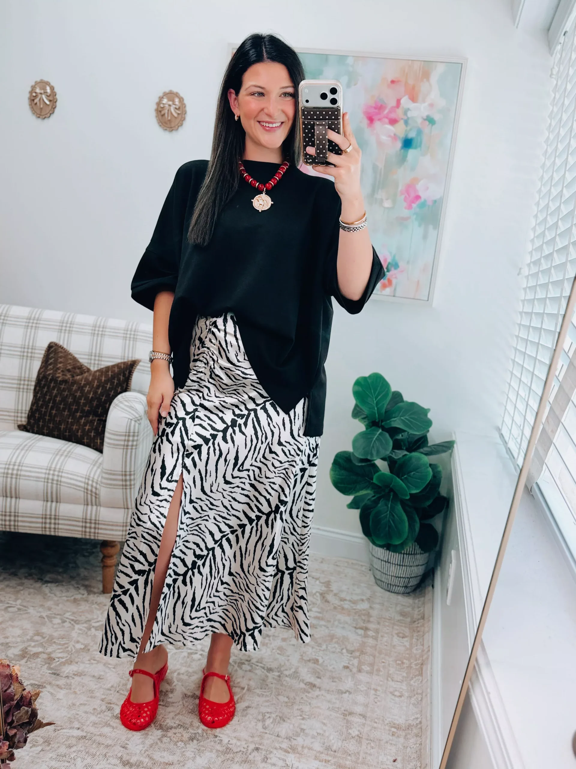 Zebra Satin Midi Rouche Skirt
